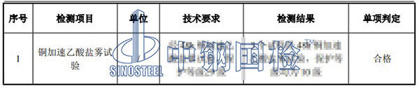 銅加速乙酸鹽霧試驗(yàn)檢測項(xiàng)目結(jié)果